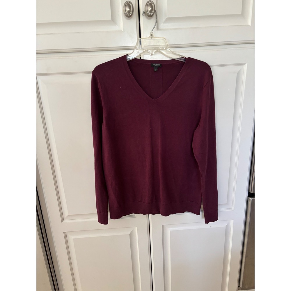 Talbots Petites Burgundy V-Neck Sweater Long Sleeve Cotton Blend LP‎ Wine Red